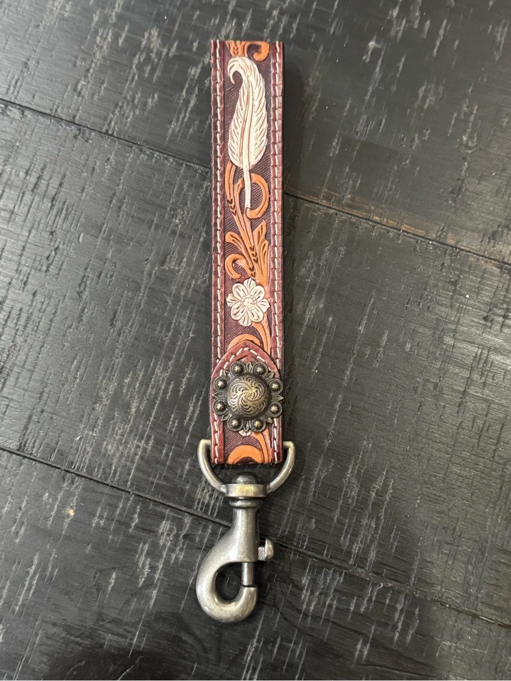 NWOT Western Tooled Leather Keychain Wristlet: Wrist Lanyard | Cowgirl Key Fob